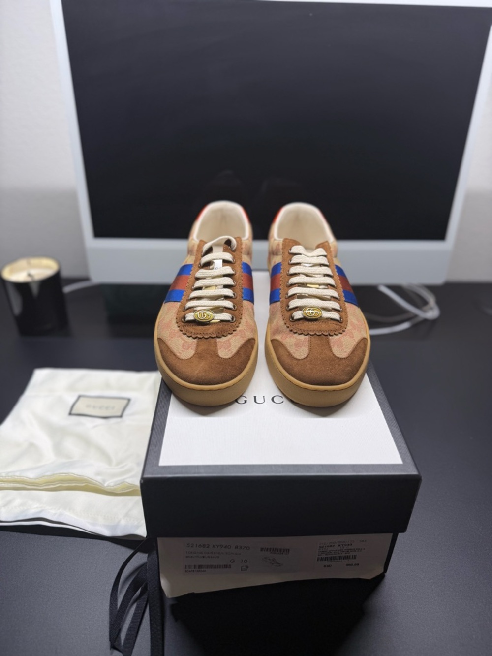 Gucci Brown Suede Sneakers with Blue and Red Web Stripe